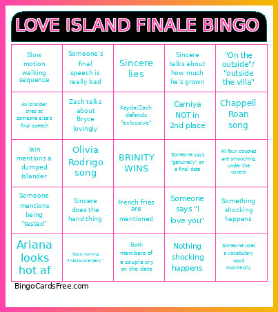 LOVE ISLAND FINALE Bingo Card