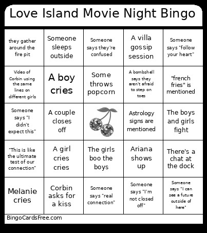 Love Island Movie Night Bingo Card