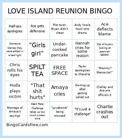 Love Island Reunion Bingo Card