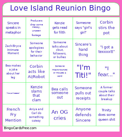 Love Island Reunion Bingo Card