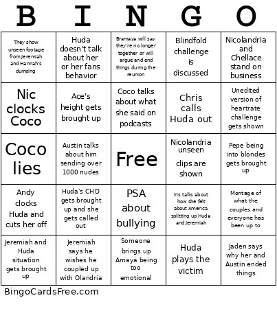 Love Island Reunion Predictions Bingo Card