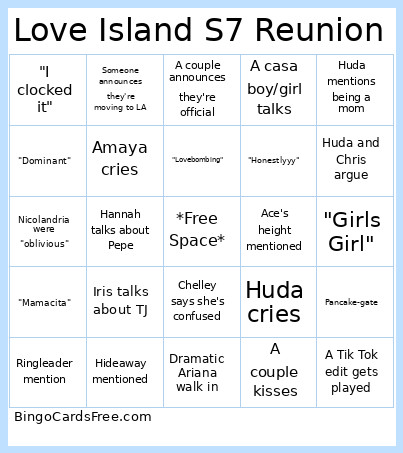 Love Island S7 Reunion Bingo Card 2
