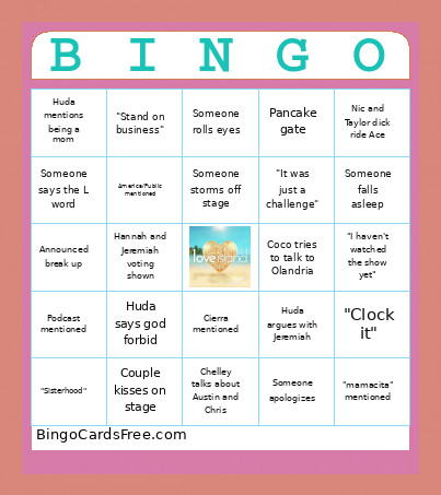 Love Island S7 Reunion Bingo Card