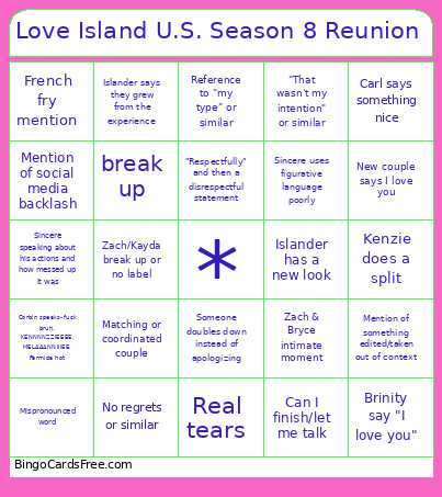 Love Island U.S. Season 8 Reunion Bingo Card