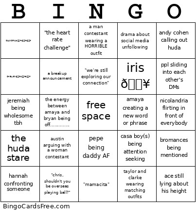 Love Island US S7 Reunion Bingo Card