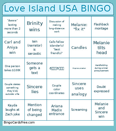 Love Island USA Bingo Card