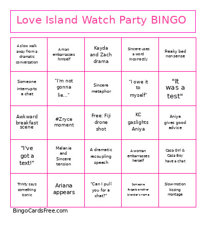 Love Island Watch Party Bingo Card