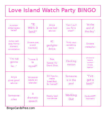 Love Island Watch Party Bingo Card