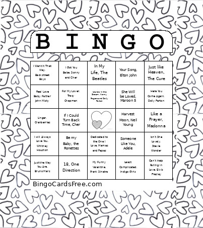 Love Song Bingo Card