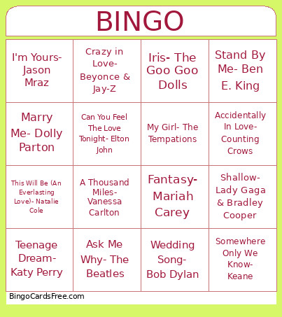 Love Song Bingo Card