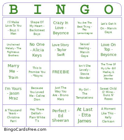 Love Song Bingo Card