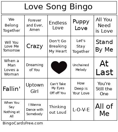 Love Song Bingo Card