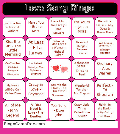 Love Song Bingo Card 2
