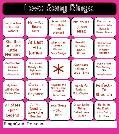 Love Song Bingo Card