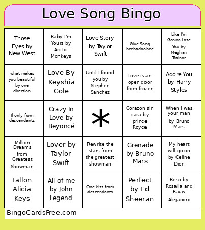 Love Song Bingo Card