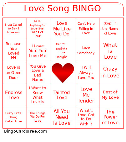 Love Song Bingo Card