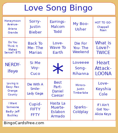 Love Song Bingo Card