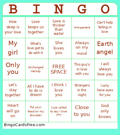 Love Song Bingo Card