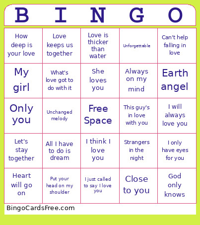 Love Song Bingo Card
