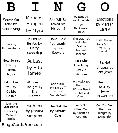 Love Song Bingo Card