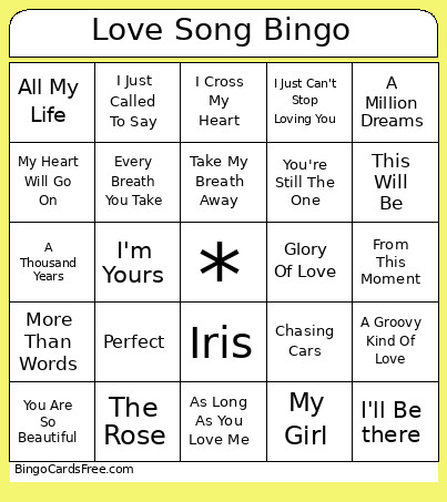 Love Song Bingo Card