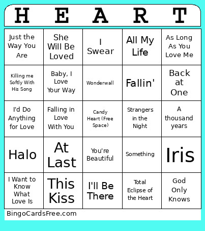 Love Song Music Bingo Card