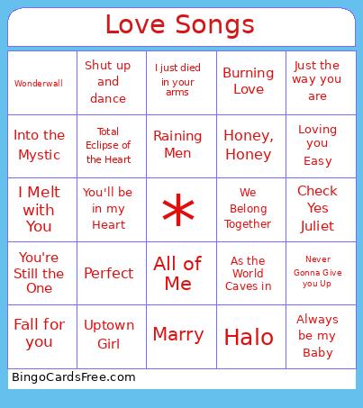 NorState Bingo Cards Free Pdf Printable Game, Title: Love Songs