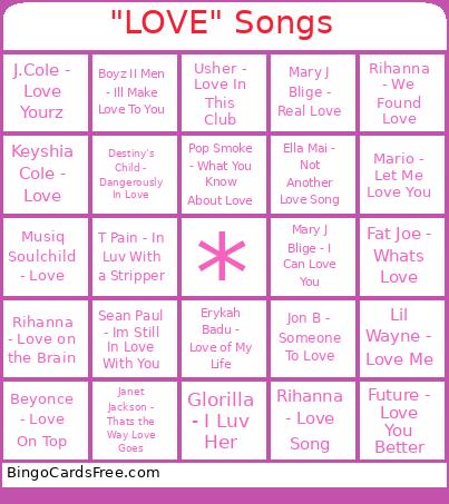 "Love" Songs Bingo Cards Free Pdf Printable Game, Title: 'LOVE' Songs
