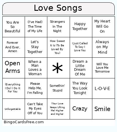 Love Songs Bingo Card