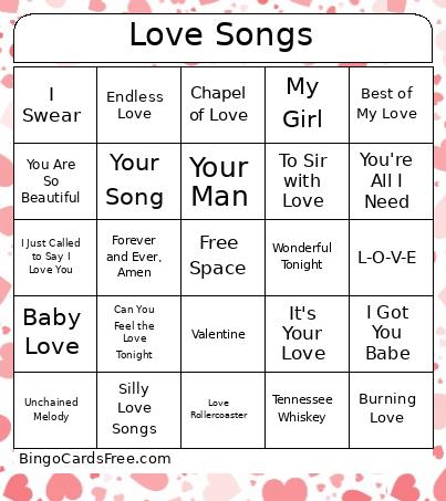 Love Songs Bingo Card