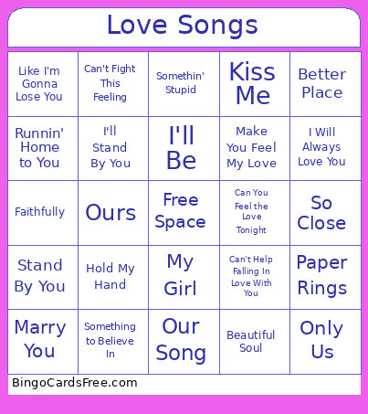 Love Songs Bingo Card