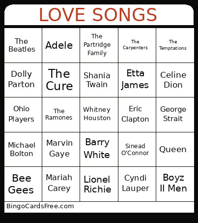 Love Songs Bingo Card 2