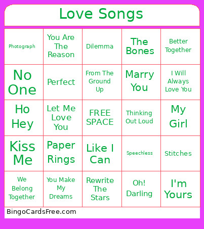 Love Songs Bingo Card 3