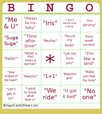 Love Songs Bingo Card 2