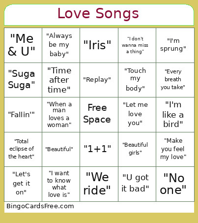 Love Songs Bingo Card