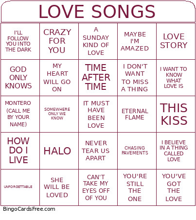 LOVE SONGS Bingo Card