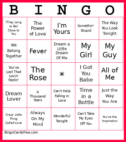 Love Songs Bingo Card