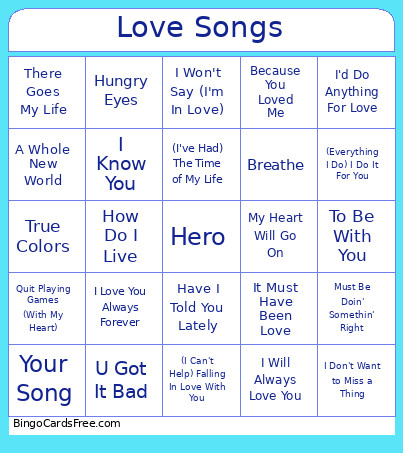 Love Songs Bingo Card