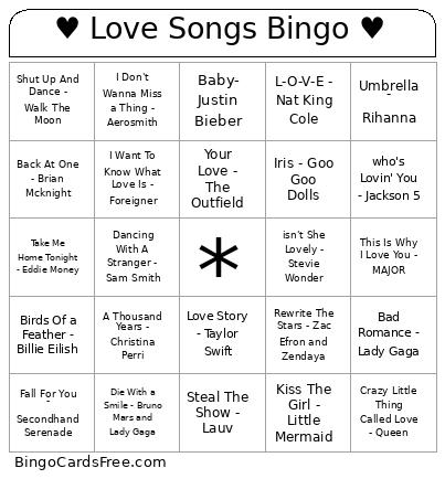 ♥ Love Songs ♥ Bingo Card