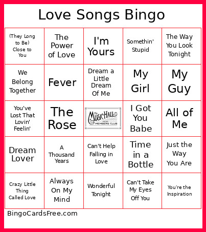 Love Songs 2 Bingo Card