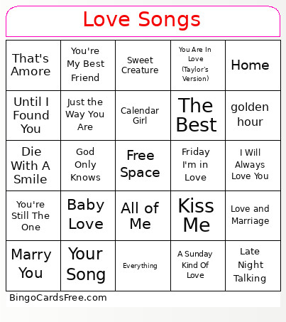 Love Songs Bingo Card