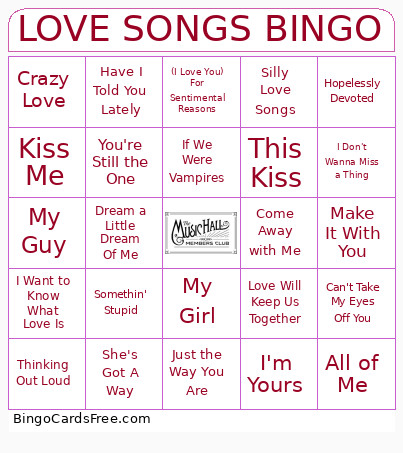 Love Songs Bingo Card 2