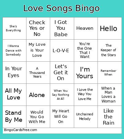 Love Songs Bingo Card