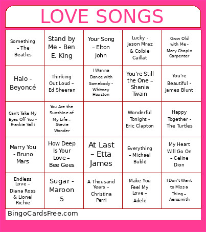 Love Songs Feb Bingo Card