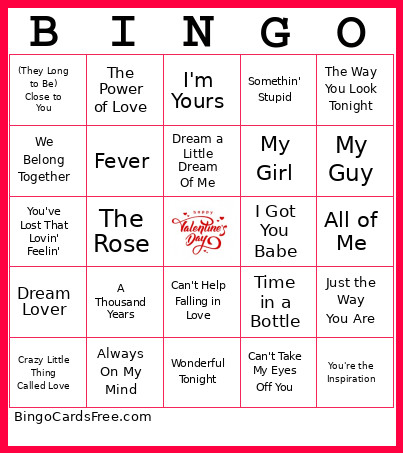 Love Songs Music Bingo Card