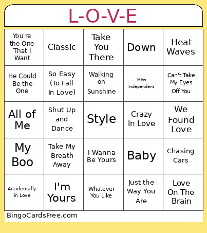 Love Songs Singo Bingo Card