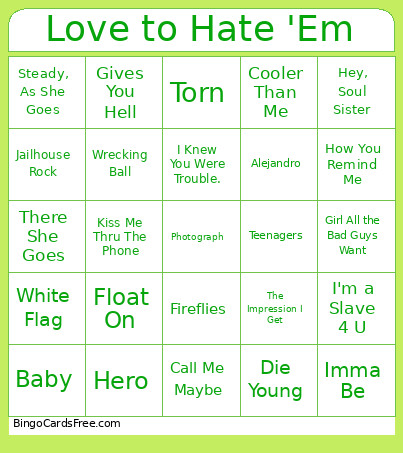 Love To Hate 'Em Bingo Card