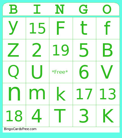 Lowecase, Uppercase Numbers Bingo Card