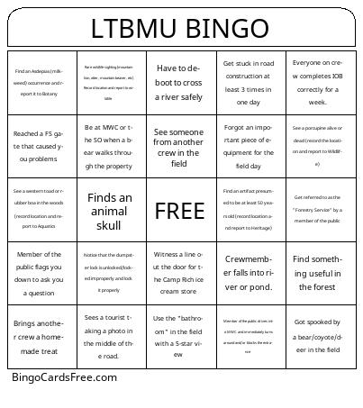 LTBMU BINGO Cards Free Pdf Printable Game, Title: LTBMU BINGO