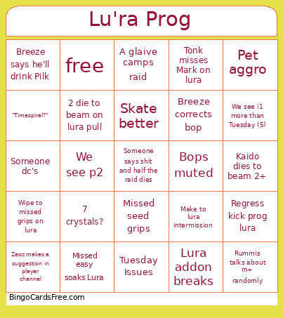 Lu'ra Prog Bingo Card